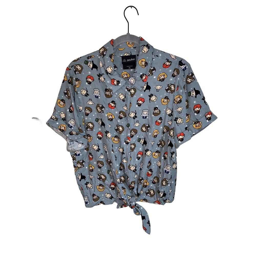 Harry Potter Chibi Tie Front Button Up Sz: XL Box Lunch Blue Kawaii Dumbledore